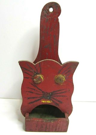 Antique Vintage Americana Folk Art Wooden Red Painted Cat Match Holder