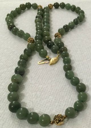 Vintage Art Deco Chinese Jade Bead Silver Gilt Clasp And Flower Accent Necklace