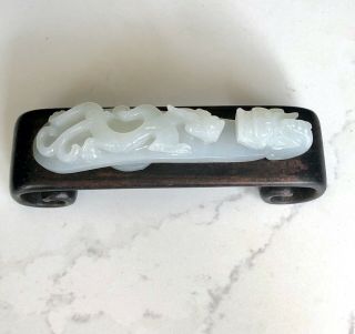 Chinese Carved Nephrite Celadon Jade Belt Hook/buckle With Custom Stand