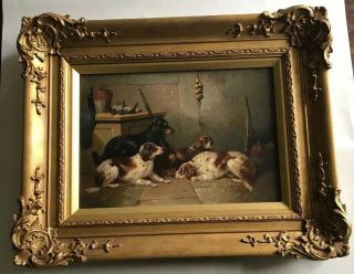 Antique 19th C Oil Painting Setter Hunting Dogs