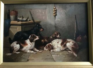 Antique 19th C Oil Painting Setter Hunting Dogs 2