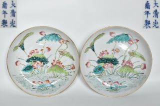 Pair Chinese Famille Rose Imperial Guangxu Qing Lotus Pond Porcelain Bowls