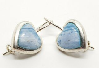 Vintage Signed 925 Sterling Silver Modernist Blue Glass Heart Dangle Earrings