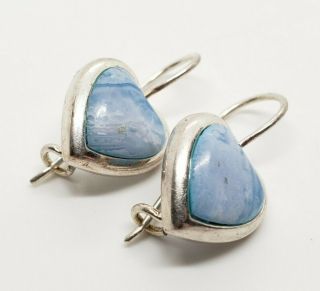 Vintage Signed 925 Sterling Silver Modernist Blue Glass Heart Dangle Earrings 2