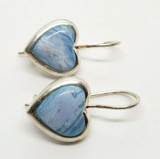 Vintage Signed 925 Sterling Silver Modernist Blue Glass Heart Dangle Earrings 3