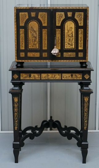 RARE CIRCA 1900 ITALIAN COLLECTORS CABINET ON STAND WITH INLAID & EBONISED FINIS 2