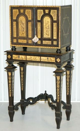 RARE CIRCA 1900 ITALIAN COLLECTORS CABINET ON STAND WITH INLAID & EBONISED FINIS 3