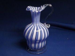 Vintage Murano Art Glass White & Blue Latticinio 4 3/4 " H Footed &handled Pitcher