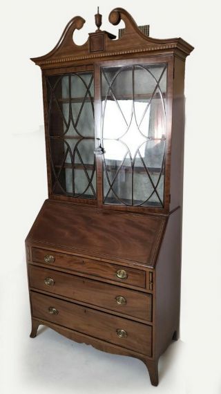 19th Century Slant Front Two Door Secretary Desk Bookcase Fitted Interior