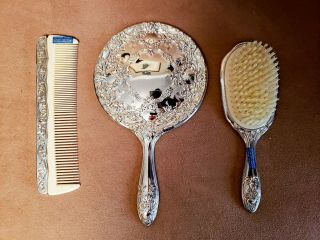 Vintage Vanity Set Hair Brush Comb Hand Mirror Vintage 3 Piece Set Silver Plated