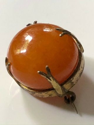 Antique? Vintage Round Orange Dome Shape Glass Stone & Gold Metal Brooch Pin