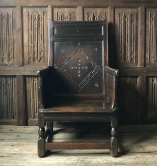 A Rare 17th Century Welsh Oak Enclosed Armchair Carved With Bullseyes 2