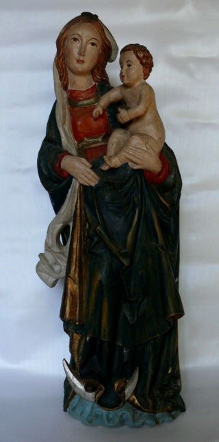 Antique Wooden Carved Madonna Virgin Mary Child Moon Statue Icon European Italy