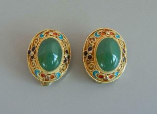 Vintage Chinese Earrings Gilt Sterling Filigree Enamel Green Stone Clip On