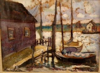 Antique Hayley Lever Harbor Dock Sailboat Seascape Oil Painting