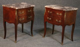 Marble Top French Louis Xv Inlaid Walnut Nightstands Tables C1930