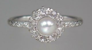 Antique Edwardian Tiffany & Co Platinum Pearl Diamond Engagement Ring Box S6 Gia
