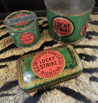3 Antique 1910 Lucky Strike Antique Tobacco Tins _ R.  A.  Patterson Tobacco Co.