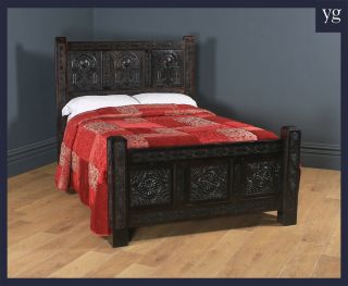English Tudor Elizabethan Style 4ft 6″ Wide Double Size Carved Oak & Teak Bed