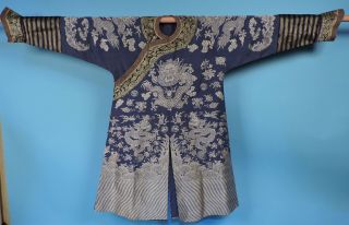 Qing Dynasty 19th C Chinese Blue Silk Dragon Robe W Auspicious Symbols Hoof Cuff