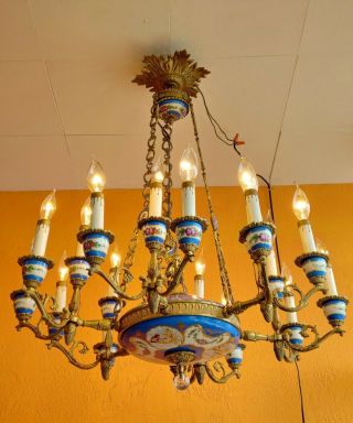 Antique French Gilt Brass & Sky Blue Hand Painted Porcelain Chandelier 18 Lights