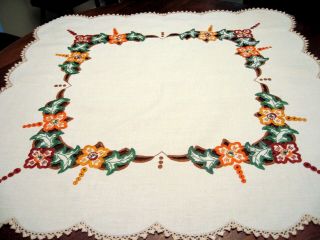Vintage Tablecloth Fall Colors Open Cut Work Embroidery Ecru Linen 34 " X 341/2 "