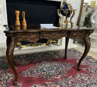 French Louis Xv Style Mahogany Ladies Leather Top Writing Desk With Gold Detail