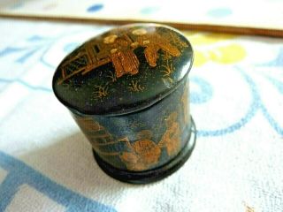 Antique Small Japanese Papier Mache Pill Box/ Snuff Box With Gilded Decoration.