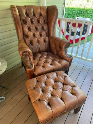 LOVELY AND SOPHISTICATED LEATHER RALPH LAUREN WRITERS CHAIR AND OTTOMAN SET 2