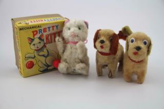 3 Alps Mechanical Wind Up Toys Pretty Kitty Dogs Puppy Rock Valley Toys Japan