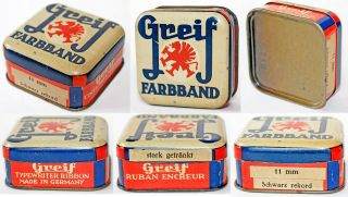 Vintage German Greif Farbband Typewriter Ribbon Empty Tin Box Gryfon 1930 - 40 