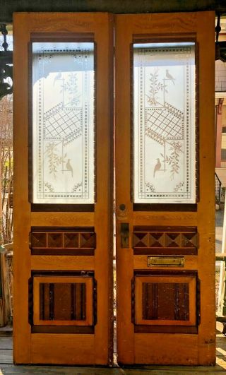 Monumental Eastlake Victorian Double Entry Doors W/etched Glass Doves - C1880 