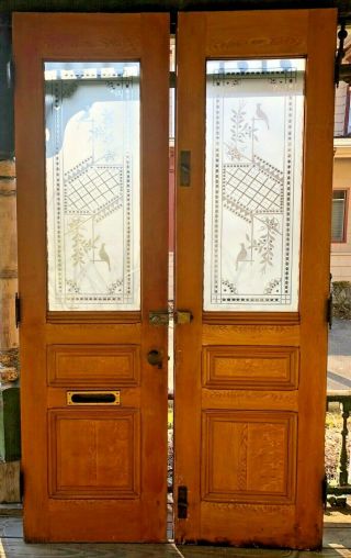 Monumental Eastlake Victorian Double Entry Doors w/Etched Glass Doves - C1880 ' s 2