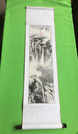 Vintage Chinese Signed Watercolour Scroll On Rice Paper Silk Surround Waterfalls