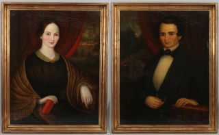 Pair Mid - 19thc Antique American Folk Art Portrait Oil Paintings Husband & Wife
