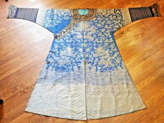 Antique Chinese Dragon Robe Brocade Blue Late Qing 19th Century