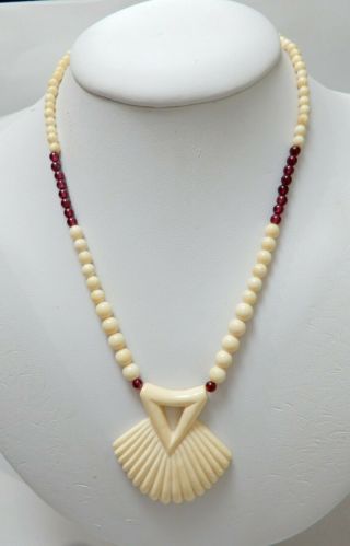 Vintage Carved Shell Pendant Necklace With Garnet Beads