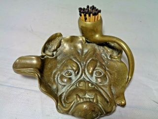 Vintage Brass Bulldog Ashtray W/ Smoke Pipe Match Holder Or Cigar Snuffer