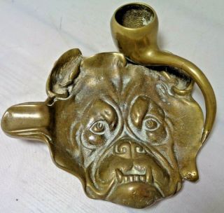 Vintage Brass BULLDOG Ashtray w/ Smoke PIPE Match Holder or Cigar Snuffer 2