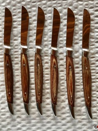 Vintage Japan Stainless Steel Mid Century Wood Handle Steak Knives - Set 6 Knife
