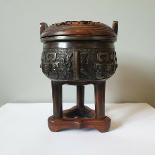 Chinese Bronze Tripod Censer Incense Burners Ding With Wood Cover Ming Dynasty