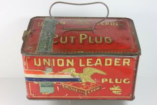 Union Leader Cut Plug Tobacco Tin Lunch Box W/ 1910 Tax Stanp - Rare Rwb Ribbon