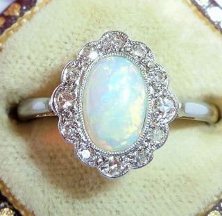 Antique Art Deco 18ct Gold & Platinum Opal & Diamond Halo Ring,  Size N,