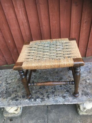Stylish Vintage Rustic Wooden Oak Footstool With Turned Legs,  String Woven