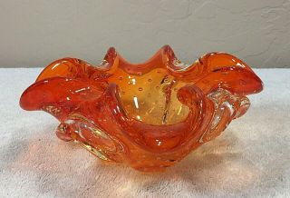 Vintage Murano Art Glass Orange Ash Tray/Bowl featuring Bullicante Bubbles 2