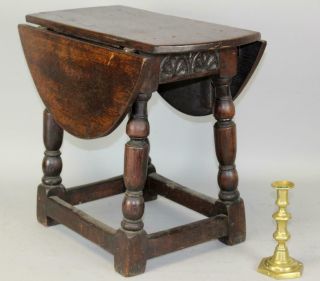 A Very Rare 17th C Pilgrim Period Drop Leaf Joint Stool Table With Carved Aprons