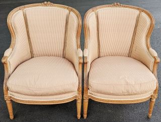 Large Pair Antique French 19th C Carved Walnut Louis Xvi Bergeres Arm Chairs