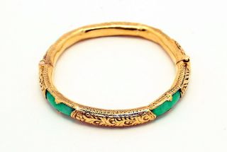 Fine Chinese 24k Gold Carved Imperial Jade Hinged Bangle Bracelet