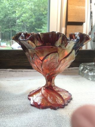 Carnival Glass Vintage Imperial Acanthus Leaf Sunset Ruby Pedestal Bowl