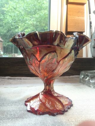 Carnival Glass VINTAGE IMPERIAL Acanthus Leaf Sunset Ruby Pedestal BOWL 2